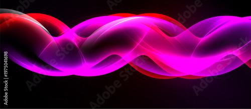 Bright wavy lines, vibrant pinks, reds against black background. Smooth curves create dynamic visual effect. Modern design element.