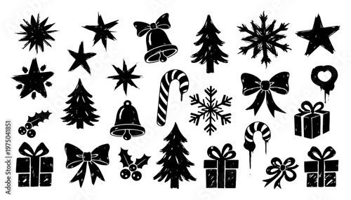 Christmas holiday symbols including trees stars and gifts in sketchy doodle style