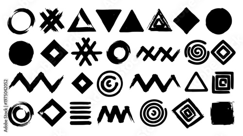 Geometric abstract shapes and symbols collection in hand drawn ink brush style