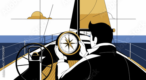 Man Holds Compass Steering Sailing Vessel Toward Horizon Journey