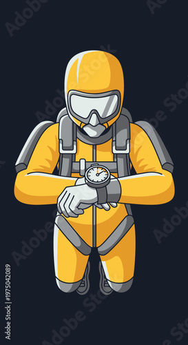 Man In Yellow Diving Suit Checks His Watch Waiting For Expedition Adventure