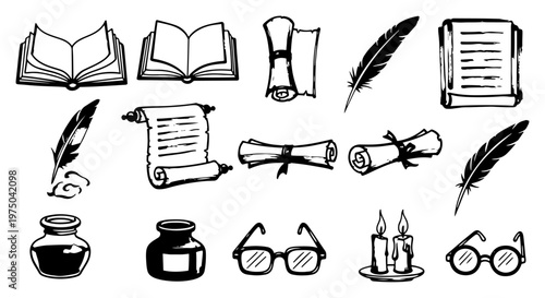 Ancient scholar and literature collection featuring books scrolls and quills in hand drawn sketch style