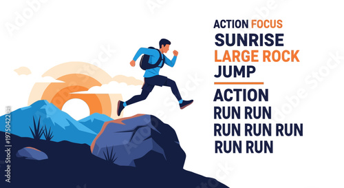 Man Leaping Across Mountain Peaks At Sunrise With Backpack And Text Overlay