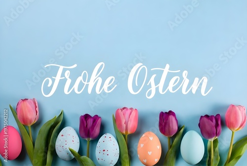 Frohe Ostern Greeting Card With Colorful Tulips And Painted Easter Eggs On Blue Background