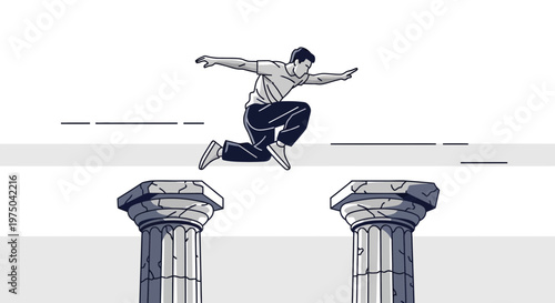 Man Leaping Over Ancient Pillars Abstract Concept Art