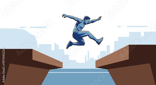 Man Leaping Over Gap In Urban Landscape Representing Overcoming Challenges