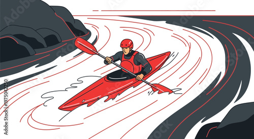 Man Navigating Rapids In Red Kayak Dynamic Water Sport Illustration