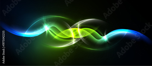 Bright flowing lines create abstract energy. Vivid green, blue hues contrast dark background. Light radiates from central point.