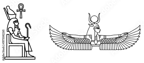 Ancient Egyptian deities Isis and pharaoh with wings and ankh in minimalist line art style