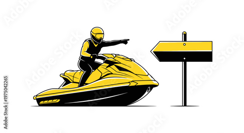 Man On Jet Ski Pointing Direction Next To Signpost