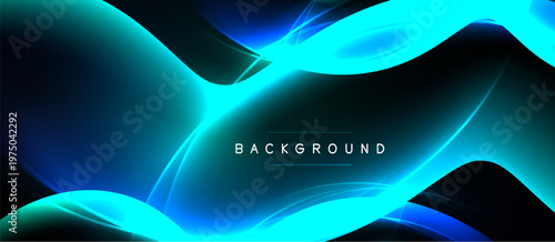 Abstract flowing shapes, vibrant blue hues, dark background. Modern design element, dynamic composition, soft gradients present.