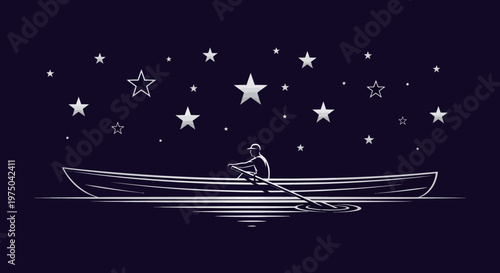 Man Rowing Boat Under Starry Night Sky Illustration