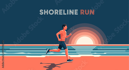 Man Running Along A Tranquil Shoreline At Sunset A Scene Of Serene Fitness And Beautiful Coastal