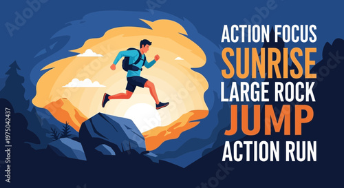 Man Running And Jumping Over Rocks Sunrise Adventure Motivation