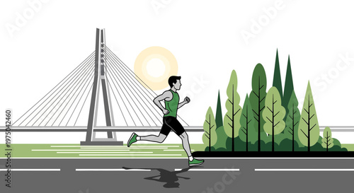 Man Running By A Modern Bridge And A Lush Forest