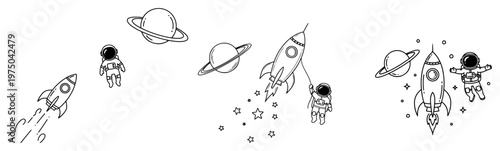 Space exploration doodle set with astronauts rockets and planets in thin line art style