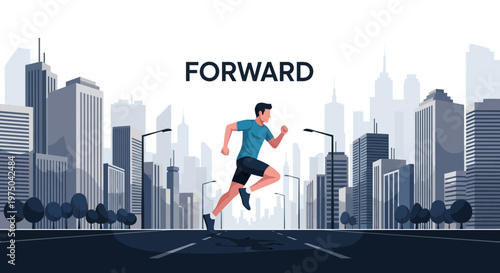 Man Running Forward Through Modern Cityscape With Buildings Background