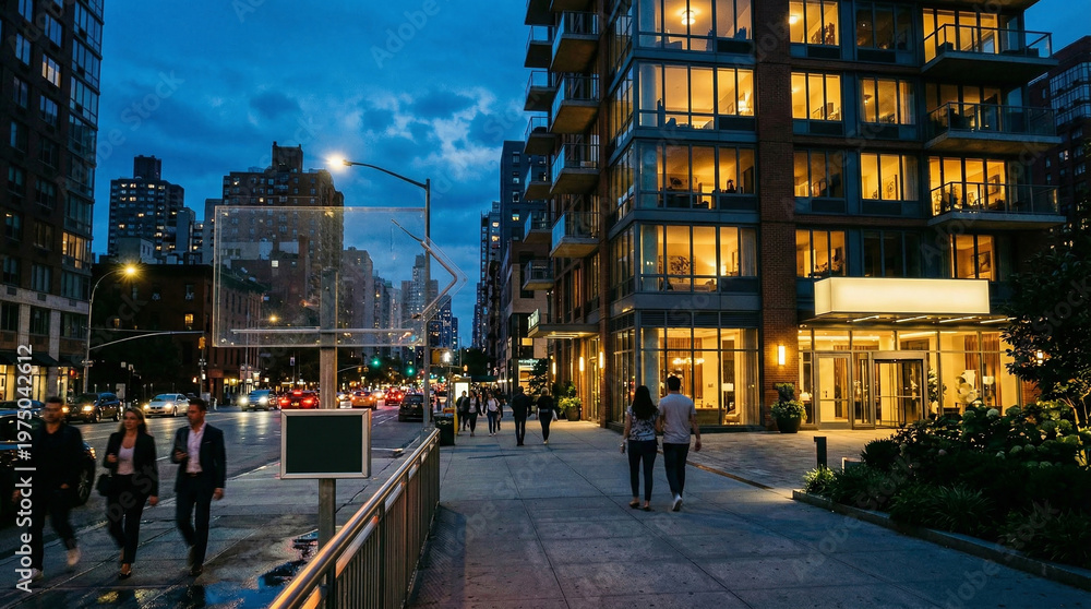 Fototapeta premium Blurry motion shot of diverse busy people walking quickly down a wide city sidewalk illuminated by glowing streetlights and modern corporate building windows at dusk