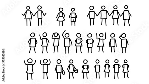 Stick Figure People: Simple Drawing of Diverse Group, Including Couples, Children and Crowds, Isolated on White, Transparent Background