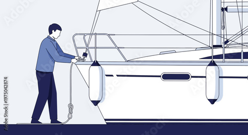 Man Securing Sailboat Docking With Protective Fenders And Lines