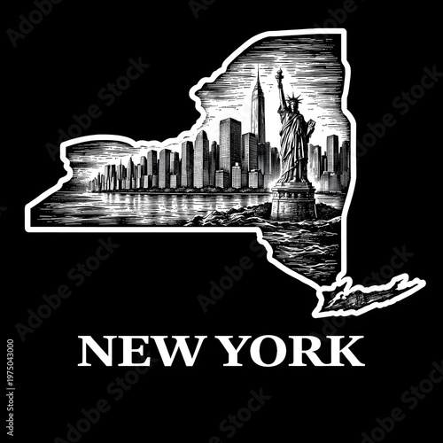 New York skyline and Statue of Liberty illustration in black and white with state outline in April