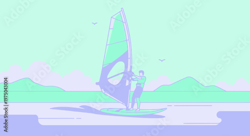 Man Windsurfing On A Calm Water With Mountains In The Background Minimalist Style