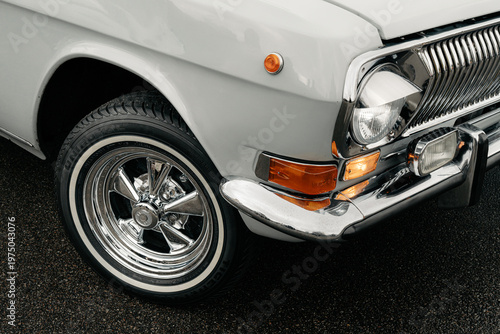 Front Detail of Classic White Car at KyivCarFest in Kyiv, Ukraine