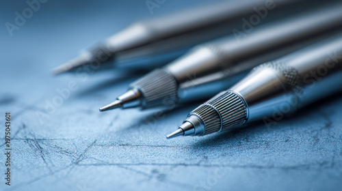 Precision mechanical pencils arranged in a row on a textured blue surface with fine sketch lines in a creative and technical drawing setup