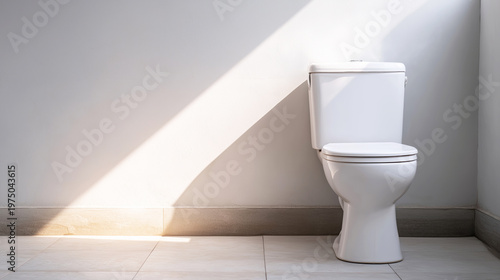 White ceramic toilet standing in a modern, minimal bathroom with tiled floor, illuminated by natural light creating wall shadows
