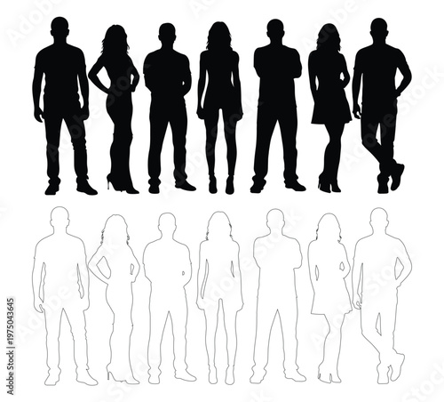 Black and white silhouettes of people standing in various poses