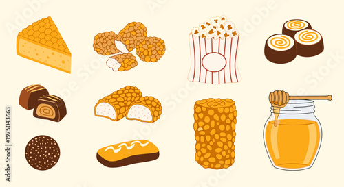 Variety of Sweet Treats and Honey Illustration on a Clean Background