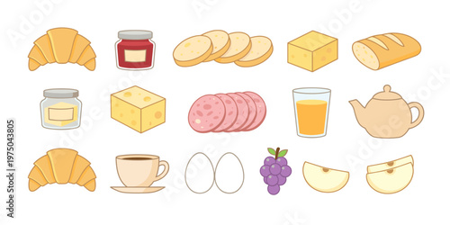 Breakfast and brunch food assortment including bread cheese fruit and eggs