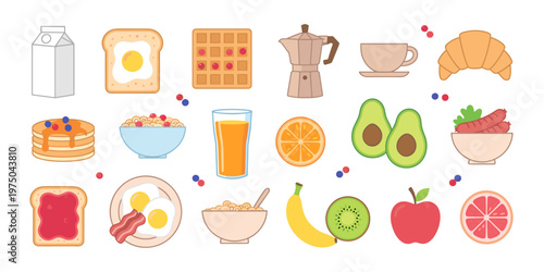 Delicious Assortment of Breakfast Food and Drink Icons for Morning Meals