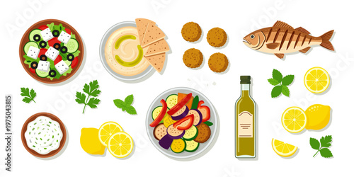 Healthy Mediterranean Cuisine Assortment: Wholesome Dishes Ingredients and Condiments