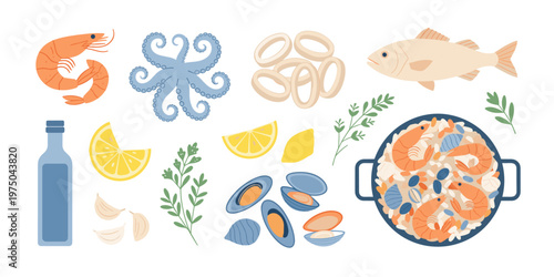 Delicious seafood and ingredients presented as an illustrated culinary flat lay