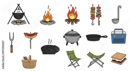 Collection of camping and BBQ food preparation equipment outdoor recreation icons