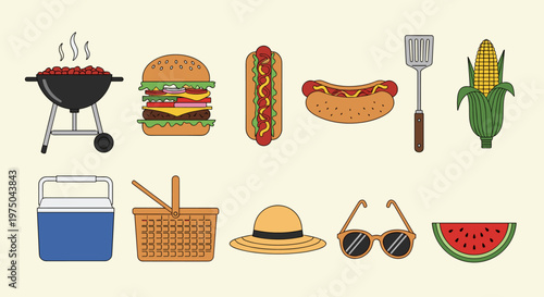 Vibrant Summer BBQ Picnic Essentials Collection Bright Flat Lay Illustration