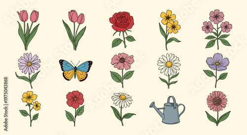 Charming hand-drawn floral collection with butterfly and watering can on cream