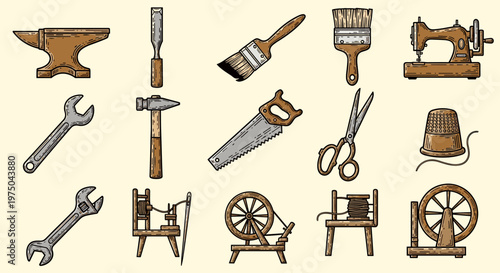 Illustration Set of Antique Handicraft and Repair Tools in Vintage Engraving Style