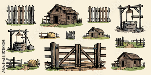 Rustic Farm Elements Hand Draw Illustration Set: Wells Sheds Fences Gates and Hives