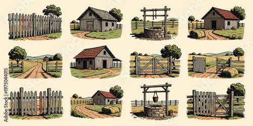 Rustic Farm Structures Collection: Vintage Wooden Buildings and Fences Pattern Design