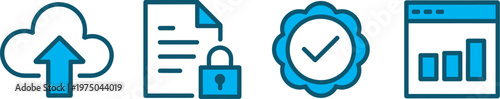 Enterprise SaaS data upload and security icon set, cloud computing services IT infrastructure protection digital storage interface vector illustration collection