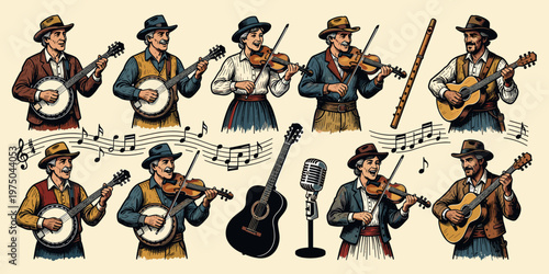 Illustration of country musicians with instruments and musical notes on a light background