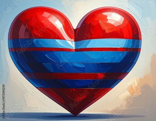 A vibrant, colorful heart-shaped design with alternating red and blue horizontal stripes. Painted with a textured, artistic style