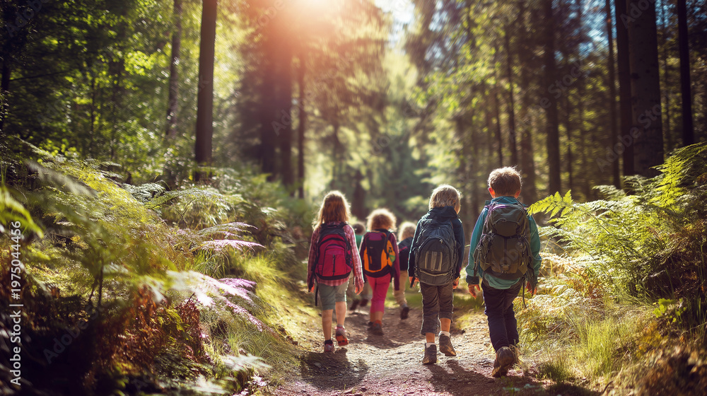 Fototapeta premium Children hiking an outdoor forest trail with backpacks, enjoying a summer adventure and nature exploration