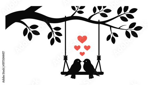 Silhouette of Two Love Birds on a Swing with Red Hearts