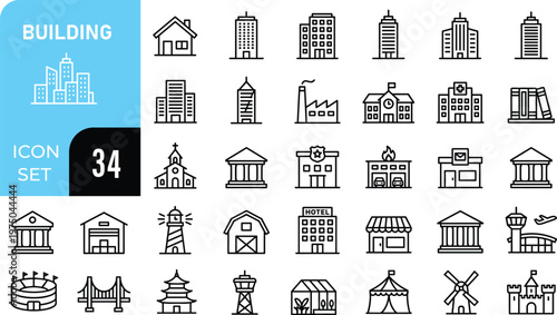 A comprehensive set of 34 building icons in a simple line style