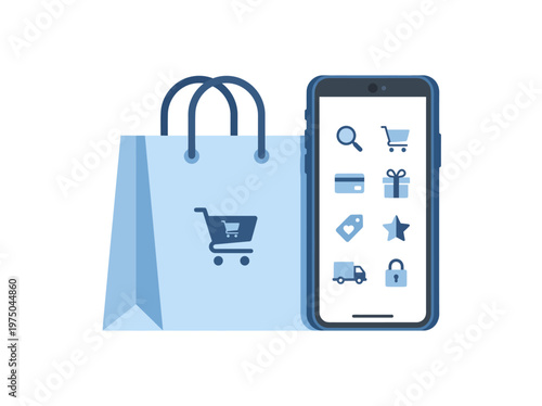 Seamless mobile shopping experience with a smartphone displaying e-commerce icons next to a modern retail bag, symbolizing digital purchasing convenience