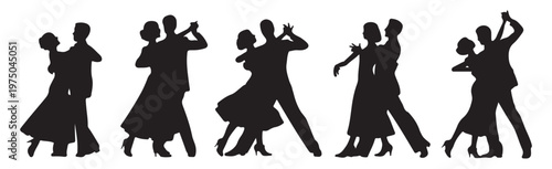 Collection of Five Ballroom Dancing Couple Silhouettes Isolated on White