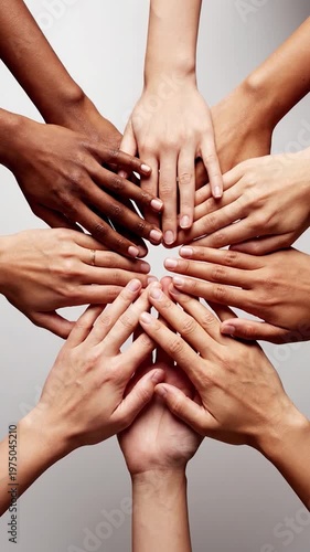 A diverse group of people placing their hands together in a circle to show unity and support
